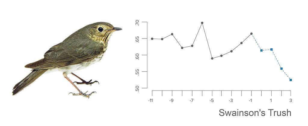 Sustained annual survival impact relative to WNV onset for five North American songbirds (X-axis: years relative to WNV onset; Y-axis: % survival rate change)