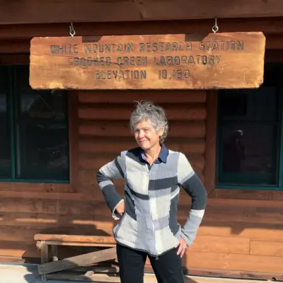 Stephanie Pincetl in front of White Mountain Research Center sign