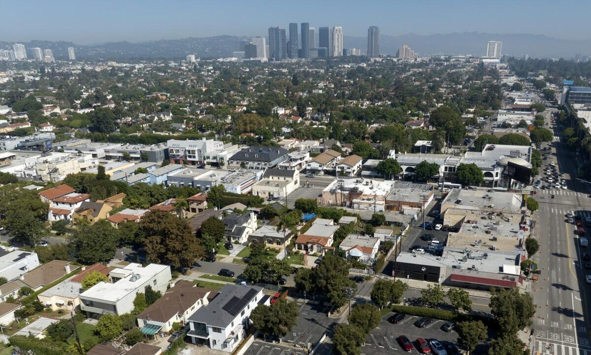 An aerial view of a single family home neighborhoods on the Westside of Los Angeles.