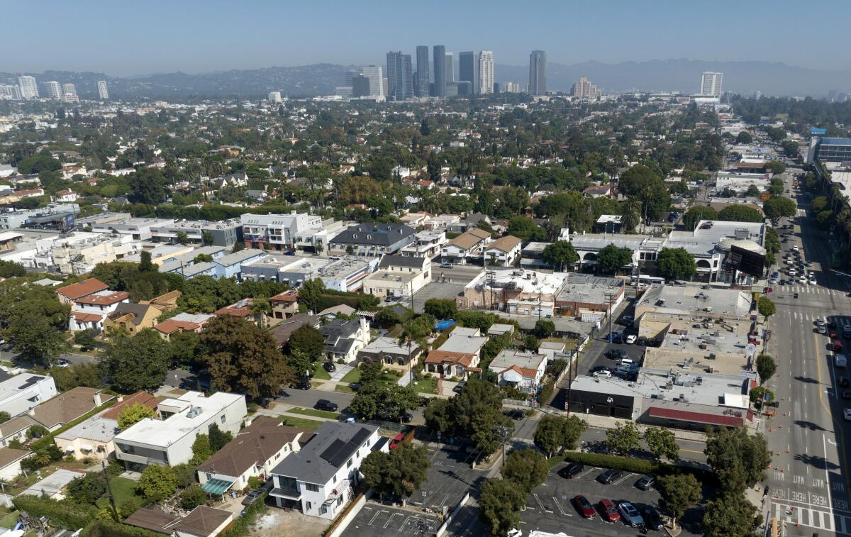 An aerial view of a single family home neighborhoods on the Westside of Los Angeles.