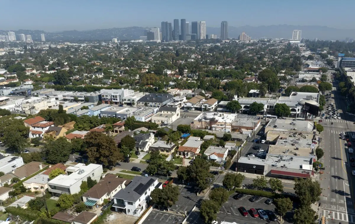 An aerial view of a single family home neighborhoods on the Westside of Los Angeles.