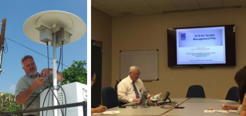 Left: An SCAQMD officer showing air quality monitoring devices; Right: Mr. Joe Cassmassi