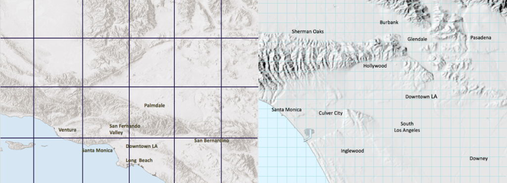 Left: The spatial resolution of a higher-resolution global climate model. This resolution is too coarse to represent the region's microclimates. Right: The 1.2-mile resolution achieved in the Climate Change in the Los Angeles Region Project. This resolution provides neighborhood-by-neighborhood data.