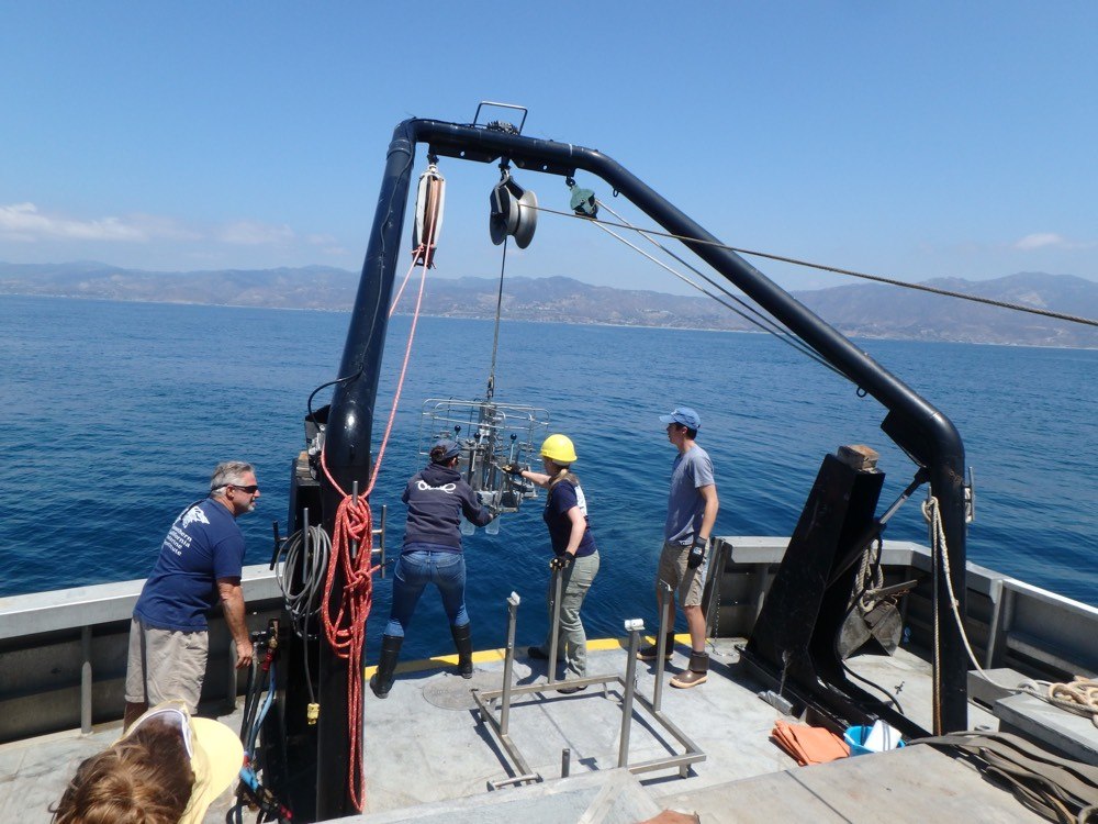 Multicorer deployment in the Santa Monica Bay off the coastline of Malibu in summer 2016 from aboard the R/V YELLOWFIN. Sediment cores recovered with this instrument are analyzed to study the historic spreading of low oxygen conditions in the Santa Monica Bay and its impact on biological processes.