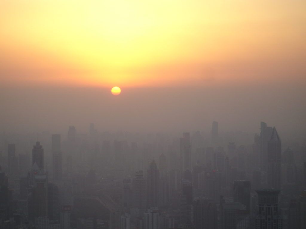 Air pollution at sunset in Shanghai, China.