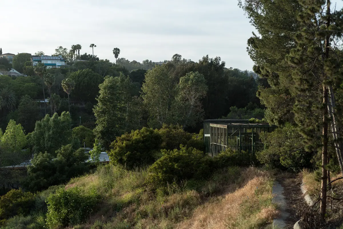 A dirt path along a brushy hillside at Sage Hill, with trees, a fenced enclosure, and houses on the ridge beyond.