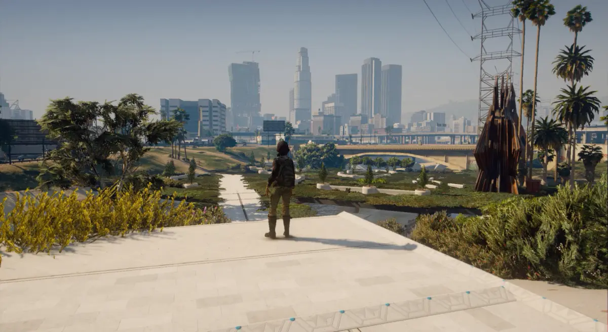 Rendering of a restored Los Angeles River corridor with native plants and a public walkway, downtown skyline in the distance, as a person looks on.