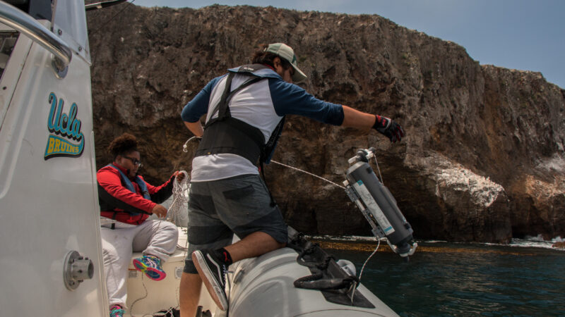 researcher collecting water sample from boat