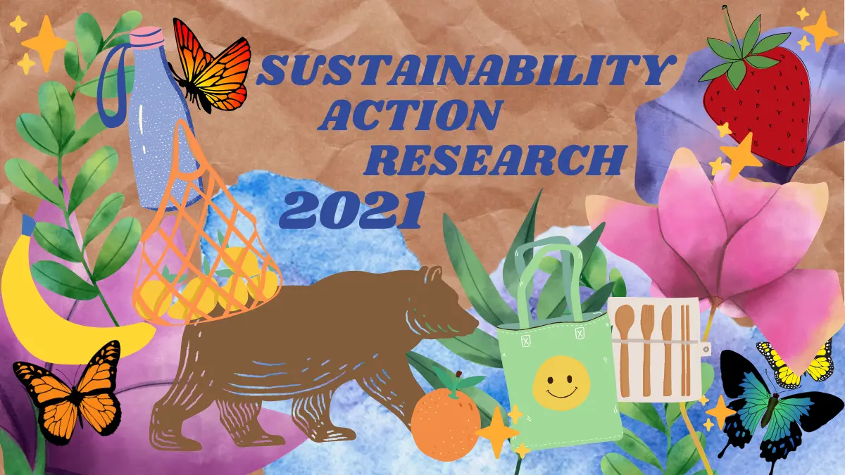 Colorful collage graphic reading "Sustainability Action Research 2021," with a UCLA bear, butterflies, produce, reusable bags and utensils.