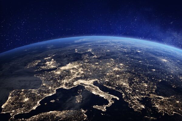 Europe at night viewed from space with city lights showing human activity in Germany, France, Spain, Italy and other countries, 3d rendering of planet Earth, elements from NASA