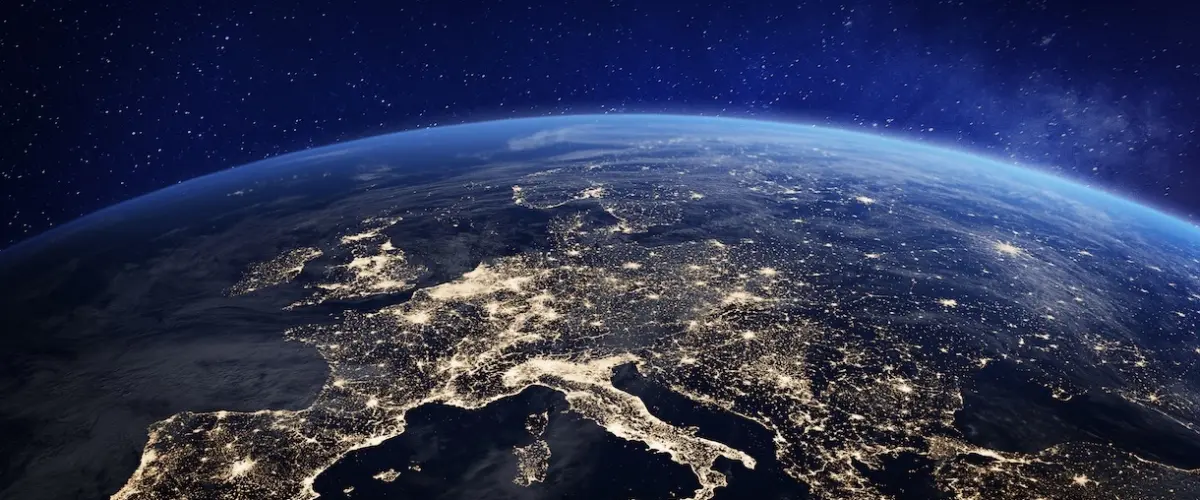 Europe at night viewed from space with city lights showing human activity in Germany, France, Spain, Italy and other countries, 3d rendering of planet Earth, elements from NASA