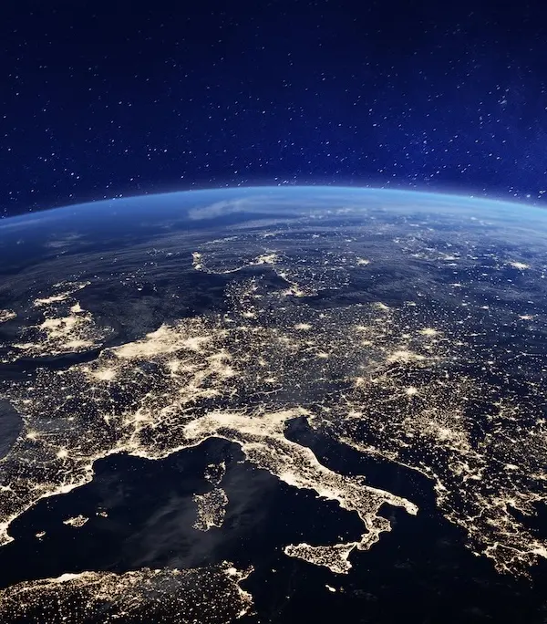 Europe at night viewed from space with city lights showing human activity in Germany, France, Spain, Italy and other countries, 3d rendering of planet Earth, elements from NASA