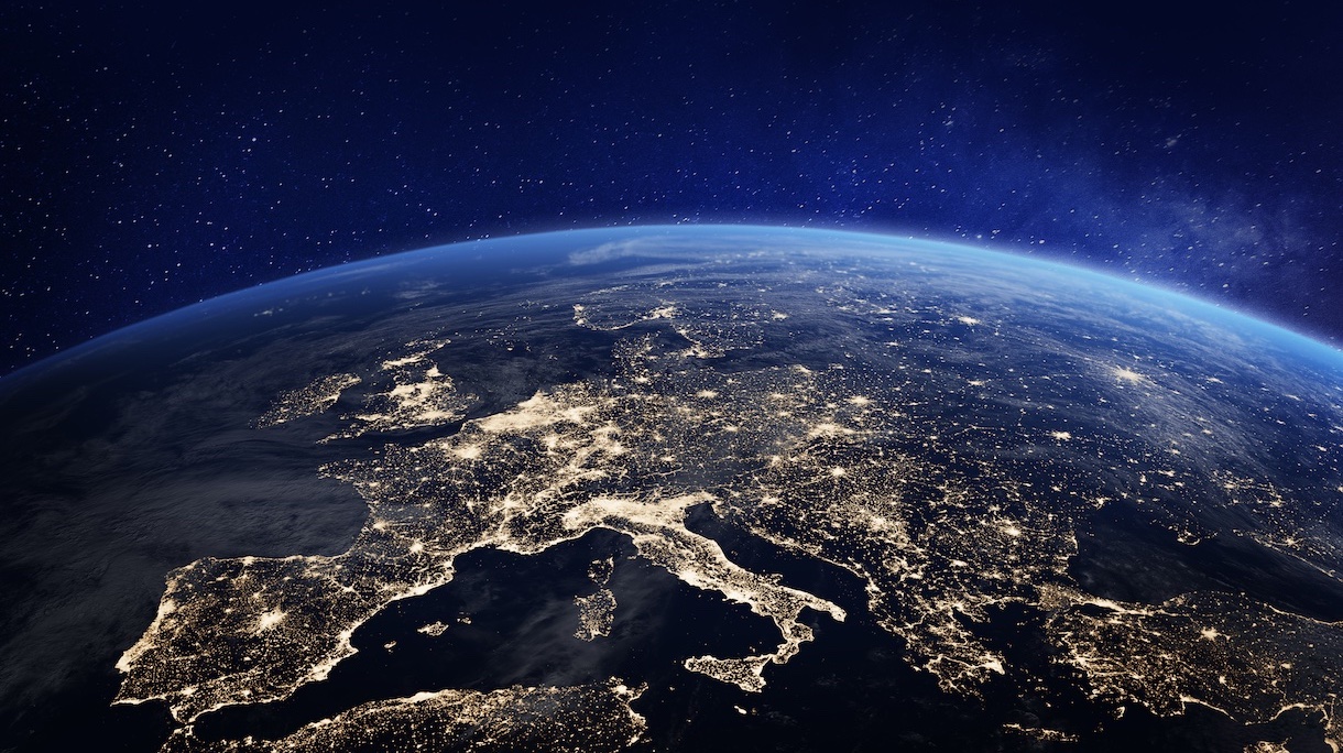 Europe at night viewed from space with city lights showing human activity in Germany, France, Spain, Italy and other countries, 3d rendering of planet Earth, elements from NASA