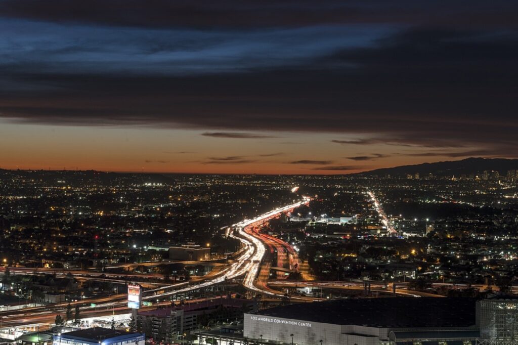 View of downtown Los Angeles at dusk.