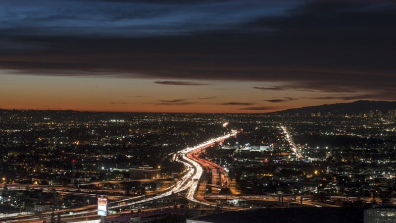 View of downtown Los Angeles at dusk.