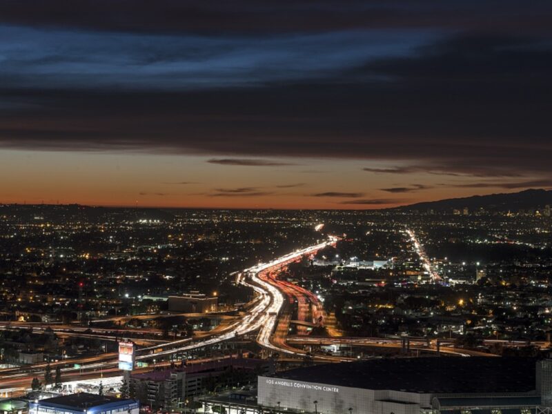 View of downtown Los Angeles at dusk.