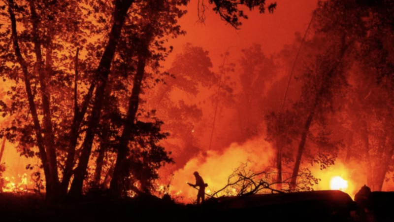 A firefighter douses flames as they push towards homes during the Creek fire in the Cascadel Woods area of unincorporated Madera County, California on September 7, 2020 | Josh Edelson