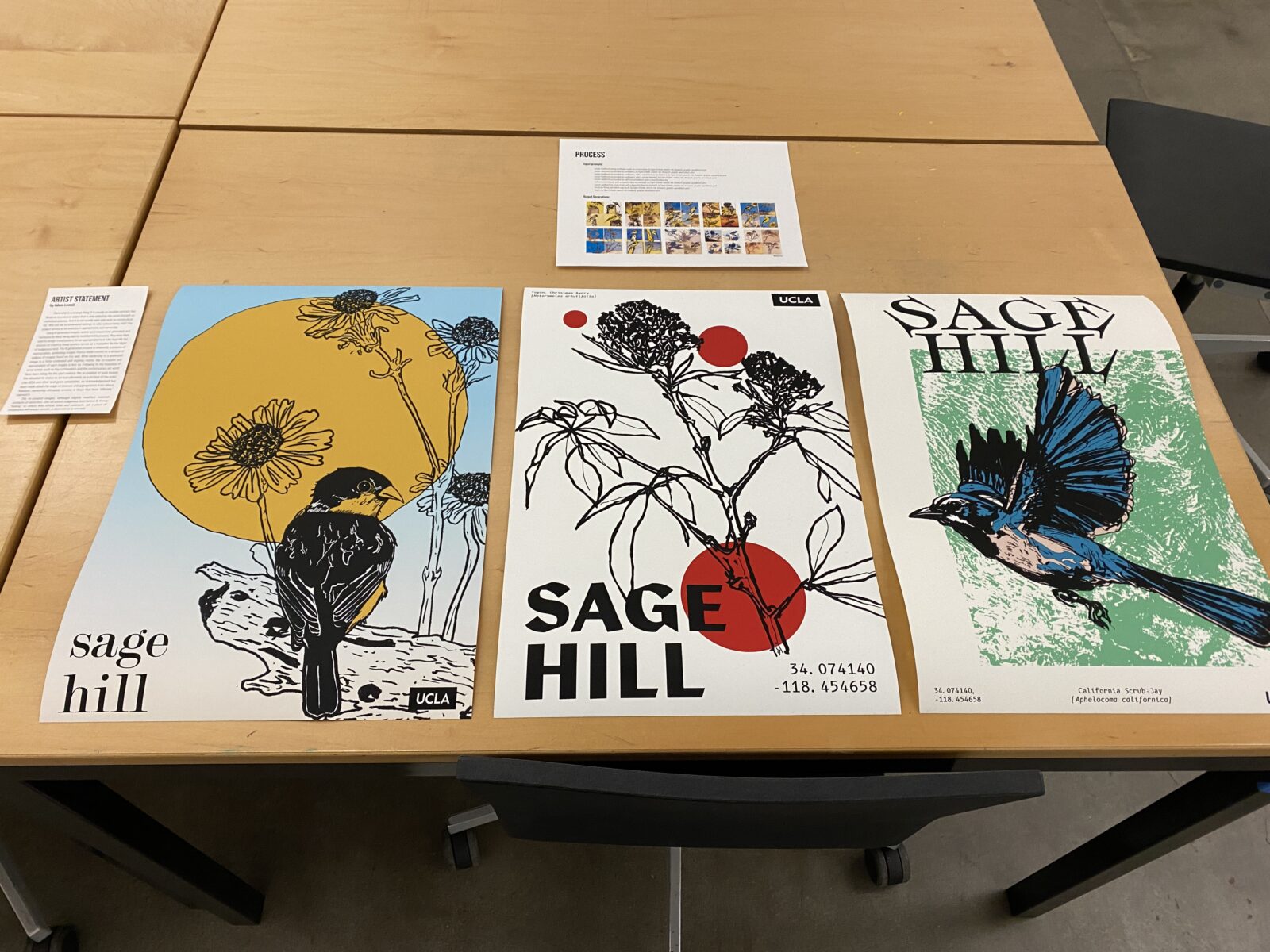 set of sudent designed sage hill posters on table top