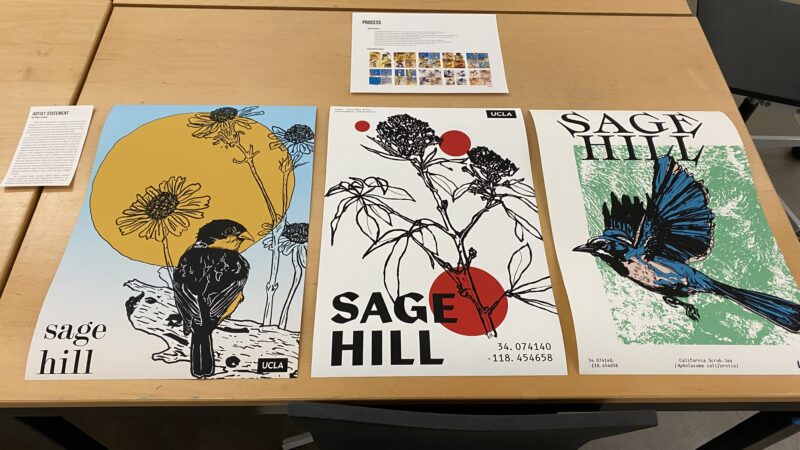set of sudent designed sage hill posters on table top
