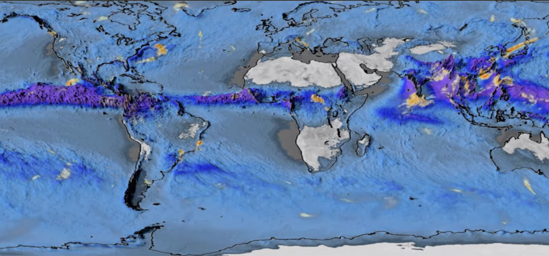 Supercomputer visualization showing an accumulation of global precipitation | (Visualization by NCAR Computational and Information Systems Laboratory, based on research led by Benjamin A. Cash, George Mason University.)