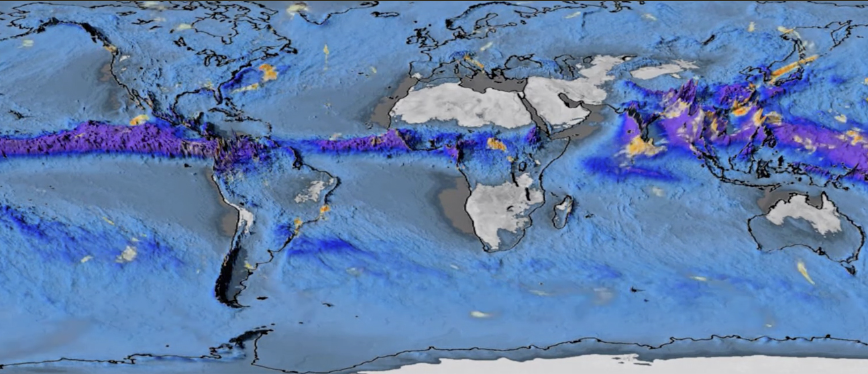 Supercomputer visualization showing an accumulation of global precipitation | (Visualization by NCAR Computational and Information Systems Laboratory, based on research led by Benjamin A. Cash, George Mason University.)