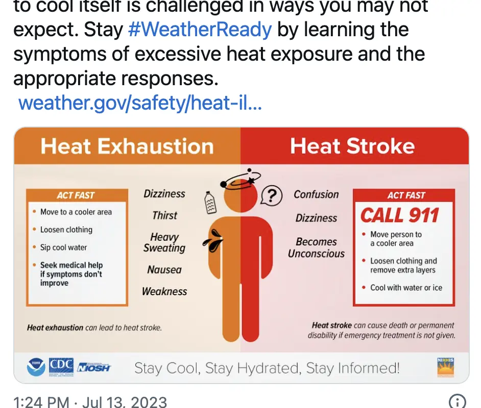 How to respond to heat exhaustion or heat stroke, graphic