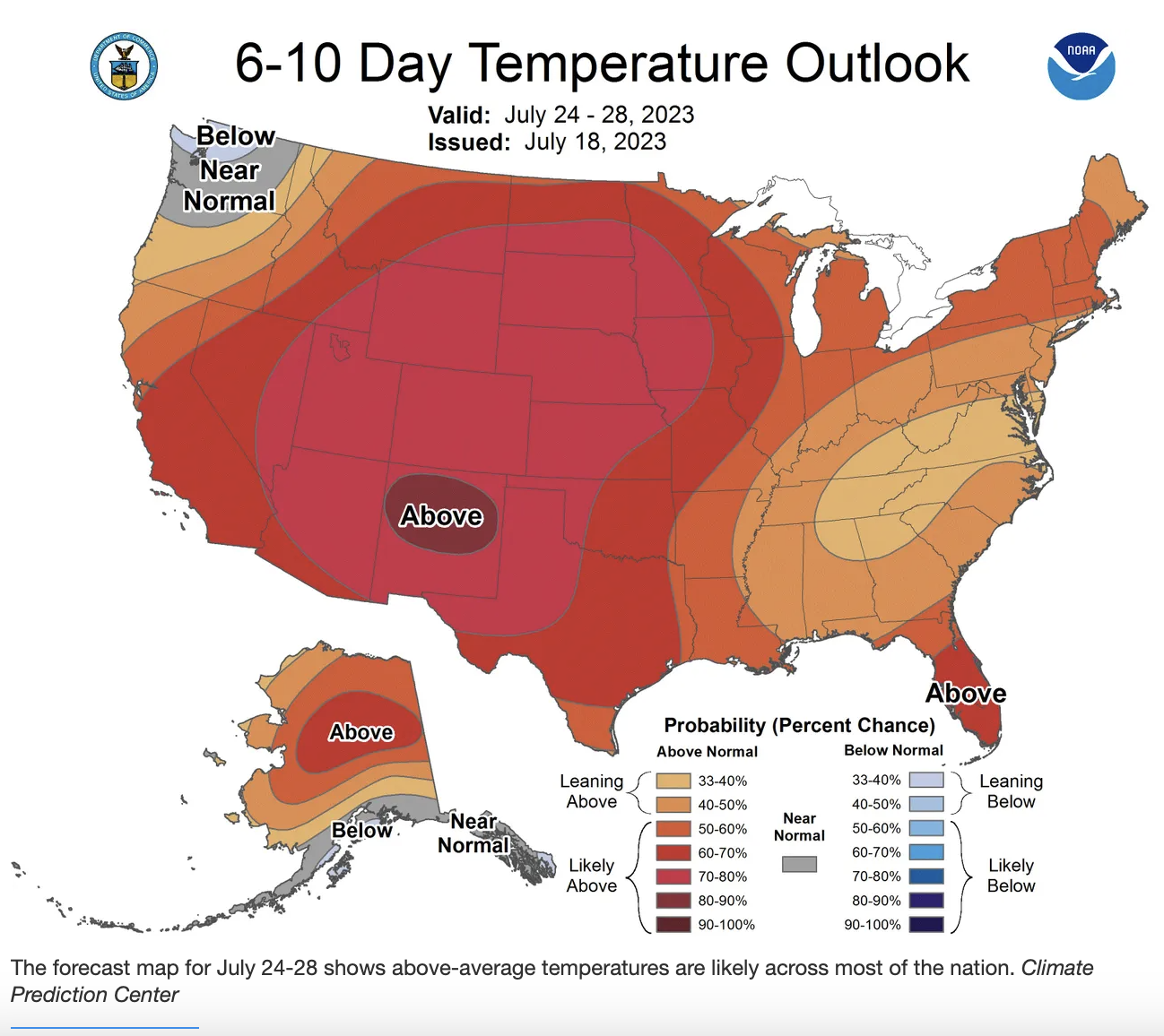 The forecast map for July 24-28 shows above average temperatures are likely across most of the nation | Climate Prediction Center
