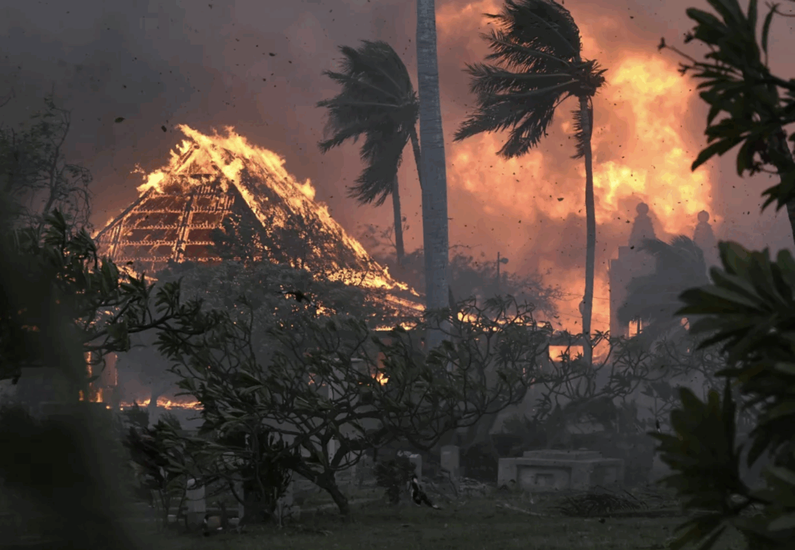 Hawaii wildfire- Lahaina- deadly- burn. The hall of historic Waiola Church in Lahaina and nearby Lahaina Hongwanji Mission on Wainee Street in Lahaina are engulfed in flames Tuesday. (Matthew Thayer / Associated Press)