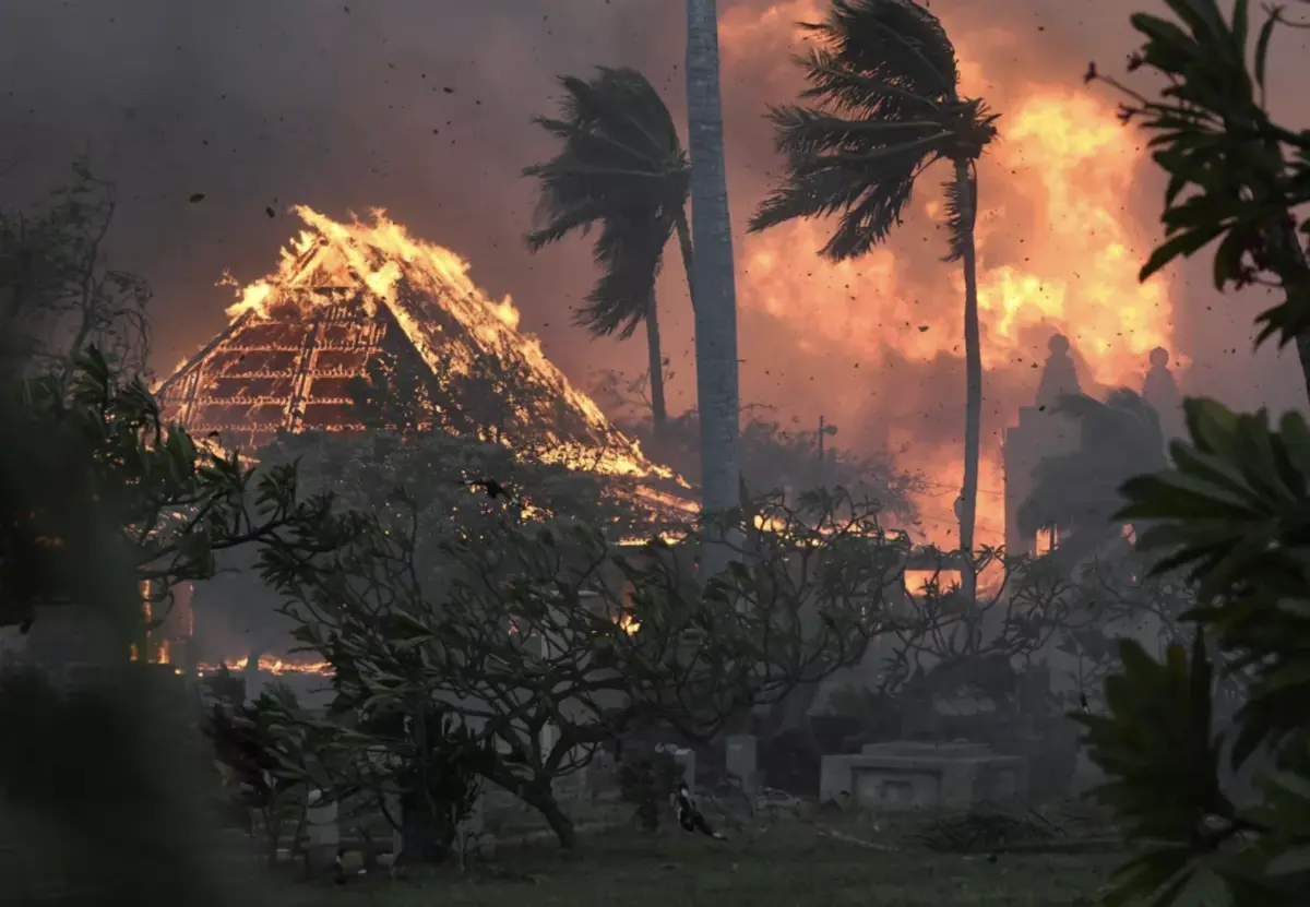 Hawaii wildfire- Lahaina- deadly- burn. The hall of historic Waiola Church in Lahaina and nearby Lahaina Hongwanji Mission on Wainee Street in Lahaina are engulfed in flames Tuesday. (Matthew Thayer / Associated Press)