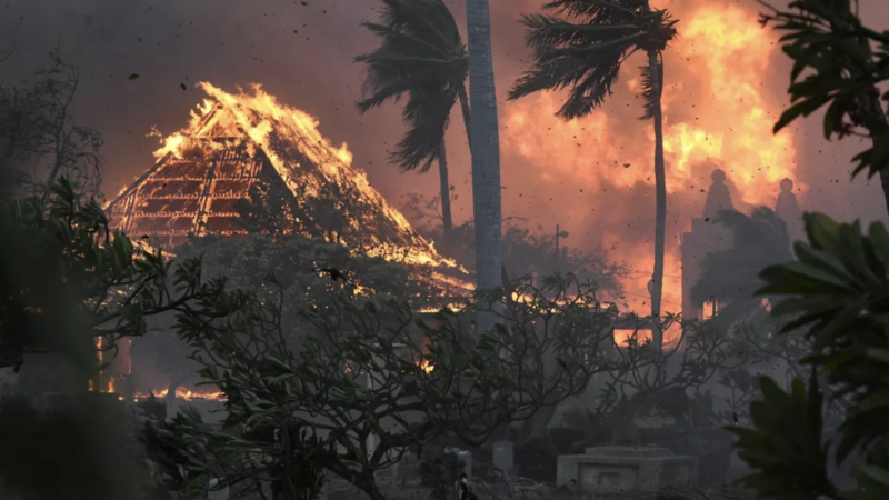 Hawaii wildfire- Lahaina- deadly- burn. The hall of historic Waiola Church in Lahaina and nearby Lahaina Hongwanji Mission on Wainee Street in Lahaina are engulfed in flames Tuesday. (Matthew Thayer / Associated Press)