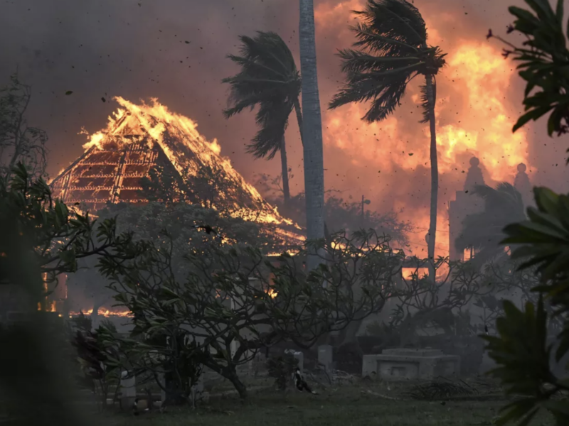 Hawaii wildfire- Lahaina- deadly- burn. The hall of historic Waiola Church in Lahaina and nearby Lahaina Hongwanji Mission on Wainee Street in Lahaina are engulfed in flames Tuesday. (Matthew Thayer / Associated Press)