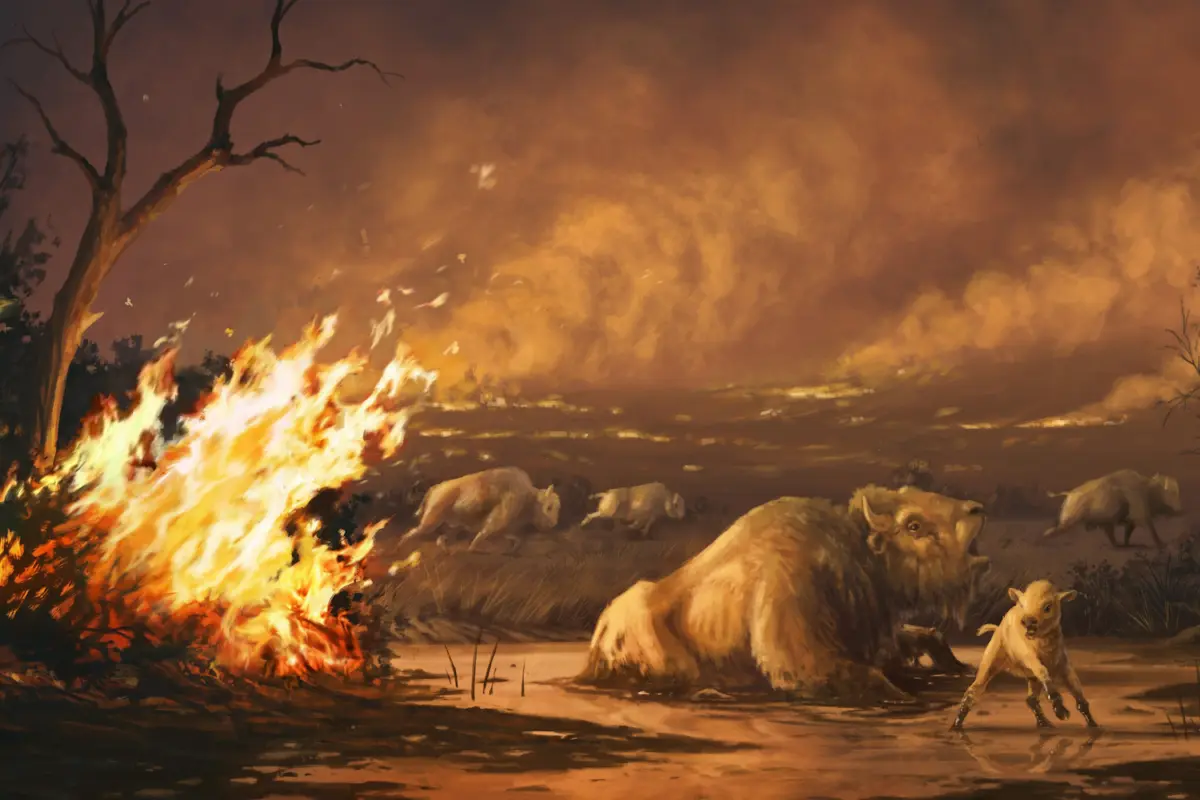Illustration of bison entrapped in asphalt as wildfires rage - illustration by Cullen Townsend