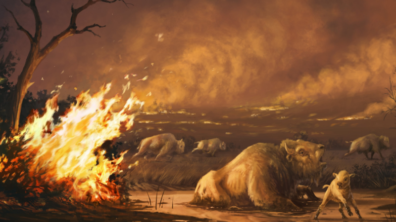 Illustration of bison entrapped in asphalt as wildfires rage - illustration by Cullen Townsend