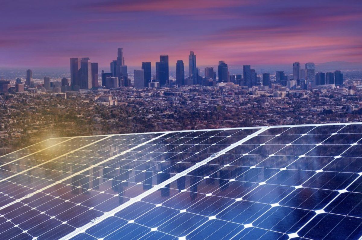 iStock com: samafoto : LA skyline with solar panels