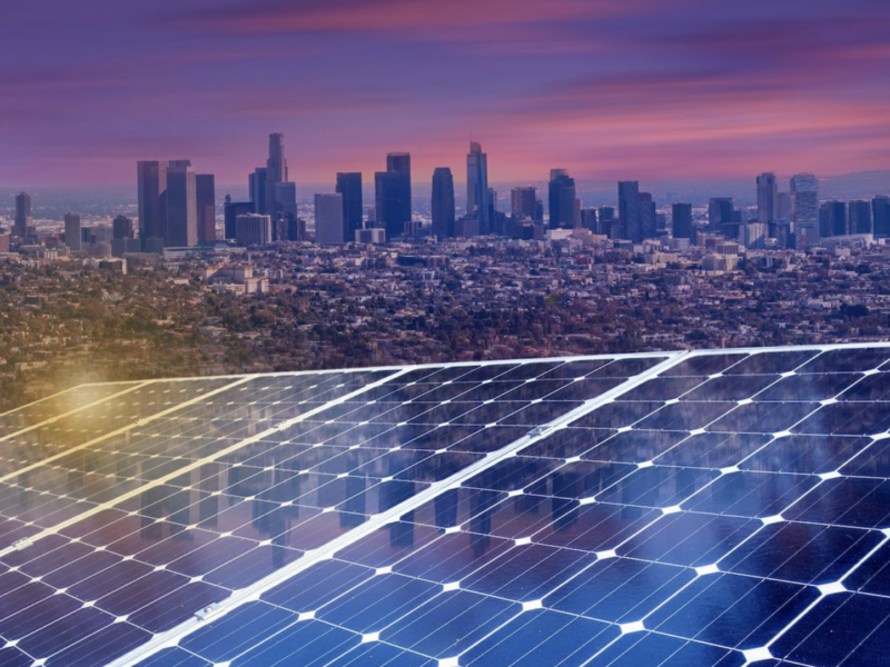 iStock com: samafoto : LA skyline with solar panels