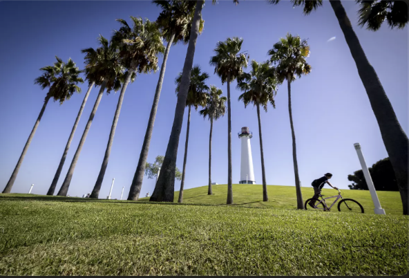 A young person rides their bike at Shoreline Aquatic Park in Long Beach. (Allen J. Schaben / Los Angeles Times)