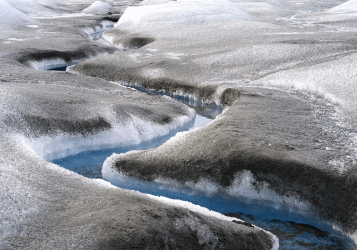 Brown sediment marks rapidly melting ice on the Greenland ice sheet.Credit: Martin Zwick/Reda&Co/Universal Images Group via Getty