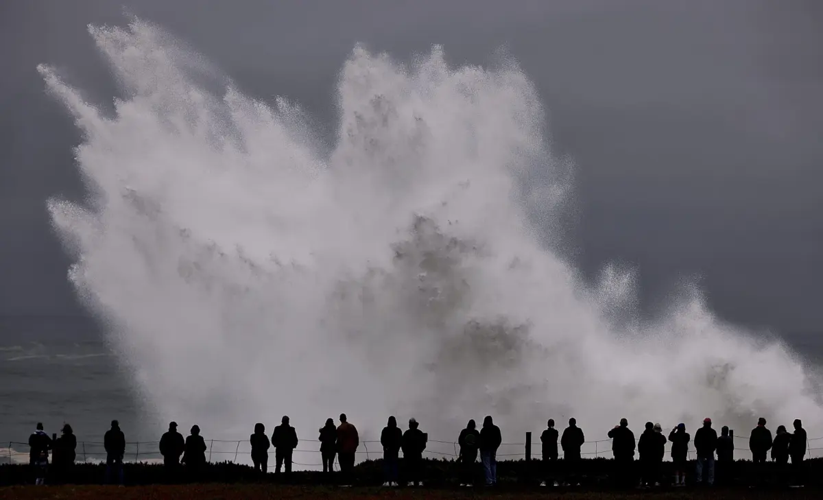 Large waves crash in to Duncan's Landing north of Carmet, Ca., Thursday, Dec. 28, 2023 due to a Pacific storm pummeling Northern California. (Kent Porter/The Press Democrat via AP)