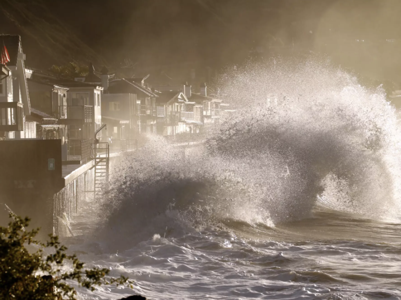 Waves crash into a seawall at Mondo’s Beach in Ventura County in January 2016 during an El Niño storm. (LA Times)