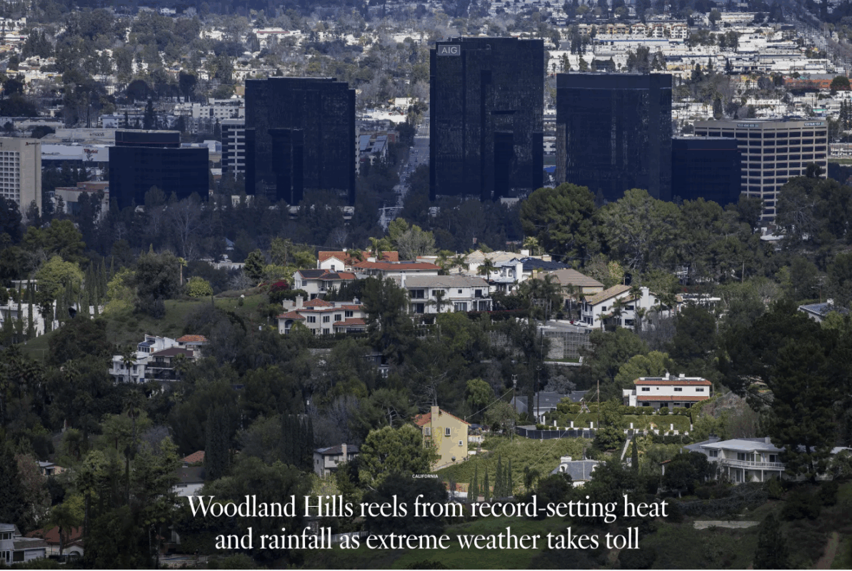 Woodland Hills is seen from the top of Topanga Overlook off Topanga Canyon Boulevard. The hilly, prosperous San Fernando Valley suburb has taken more than its share of weather pain.(Mel Melcon / Los Angeles Times)