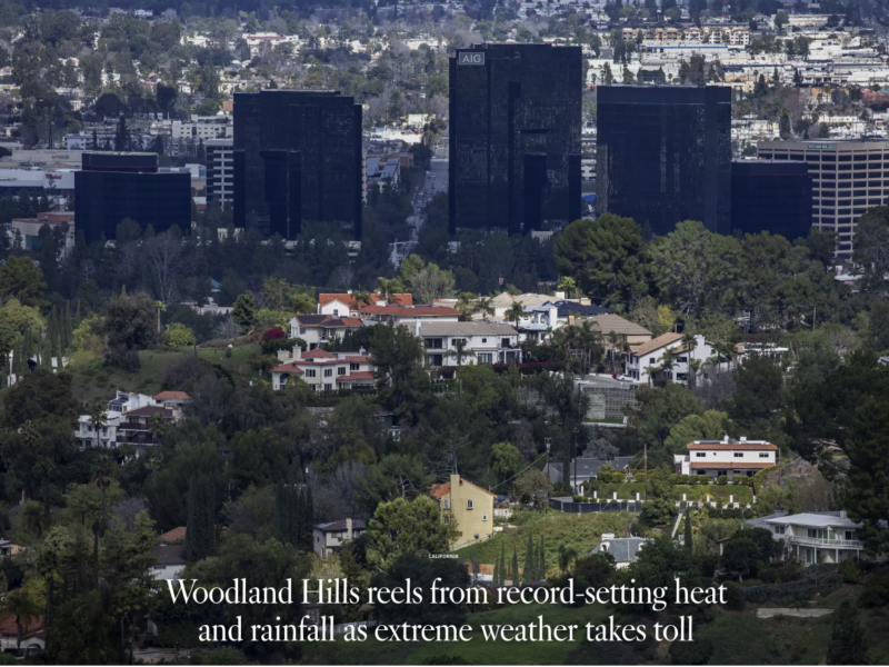 Woodland Hills is seen from the top of Topanga Overlook off Topanga Canyon Boulevard. The hilly, prosperous San Fernando Valley suburb has taken more than its share of weather pain.(Mel Melcon / Los Angeles Times)