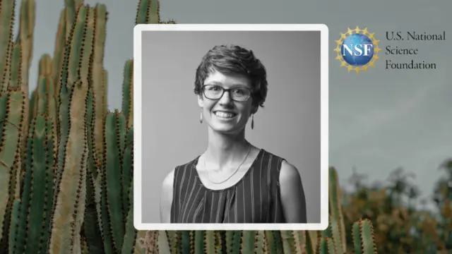 Portrait of Karen McKinnon framed against a backdrop of tall cacti, with the U.S. National Science Foundation logo.