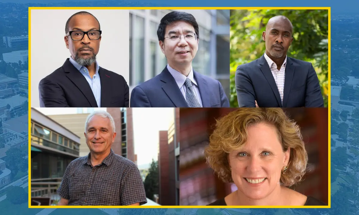 the five UCLA faculty members elected to the American Academy of Arts and Sciences: Ann Carlson, Jason Cong, Tyrone Howard, Thomas Smith, and Paul Taylor.