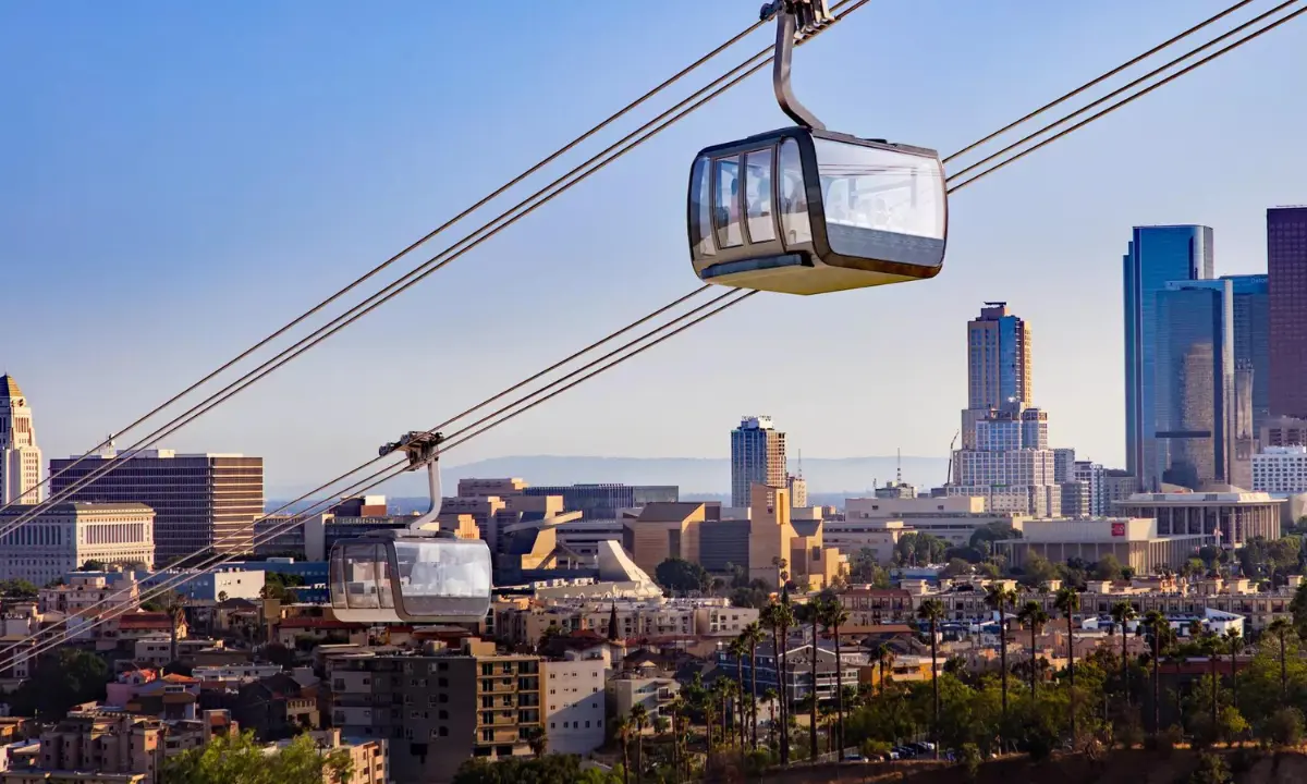 A rendering of a proposed Dodger Stadium gondola project that would aim to ferry up to 5,000 passengers an hour from Union Station in downtown L.A. to the stadium.(LA Aerial Rapid Transit)