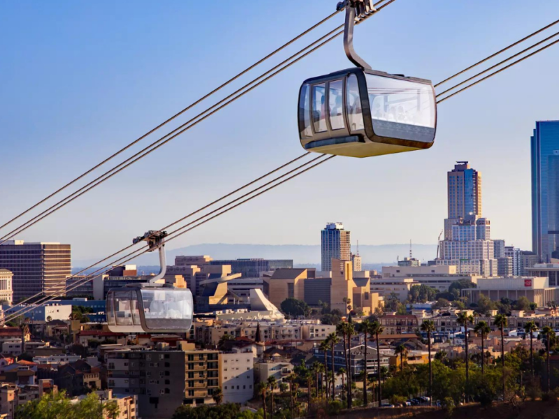 A rendering of a proposed Dodger Stadium gondola project that would aim to ferry up to 5,000 passengers an hour from Union Station in downtown L.A. to the stadium.(LA Aerial Rapid Transit)