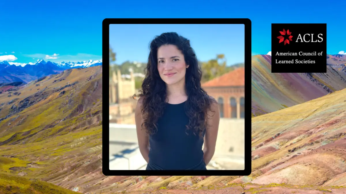 Portrait of Lorena De la Puente Burlando over a backdrop of colorful Andean mountains, with the American Council of Learned Societies logo.