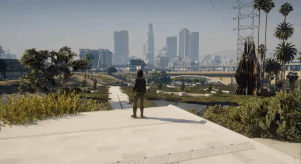 A video game scene in which a lone figure looks out over a restored, vegetated Los Angeles River channel toward the downtown skyline.