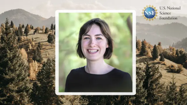 Portrait of Liz Koslov framed against a forested mountain landscape, with the U.S. National Science Foundation logo in the corner.