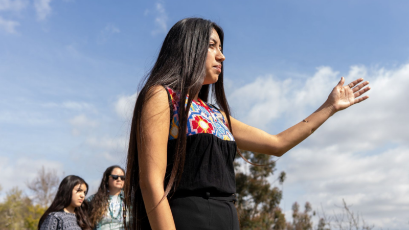 Ary Amaya looks out over the Chief Ya’anna Regenerative Learning Village in northeast Los Angeles, an open space acquired in 2022 by Indigenous leaders and educators from the Anawakalmekak school.