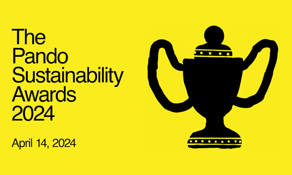 Yellow graphic with a black trophy illustration reading "The Pando Sustainability Awards 2024, April 14, 2024."